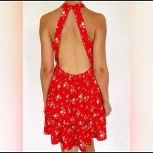 Sunday Mi Amor Anthropologie Red Floral Halter Dress Size Medium